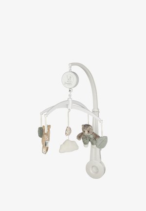 White mobile with plush toys: a rabbit and a bear, plus a cloud. Soft textures, muted colors, and patterned accents create a gentle design.