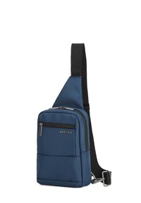 Borsa a tracolla blu realizzata in tessuto testurizzato, con tasca frontale con zip, tracolla regolabile e dettaglio del logo metallico.