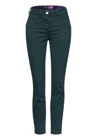 Úzké džíny v tmavě tyrkysové barvě, vyrobené z lehkého bavln�ěného směsového materiálu. Obsahují přední kapsy, zapínání na knoflík a hladký, matný povrch.