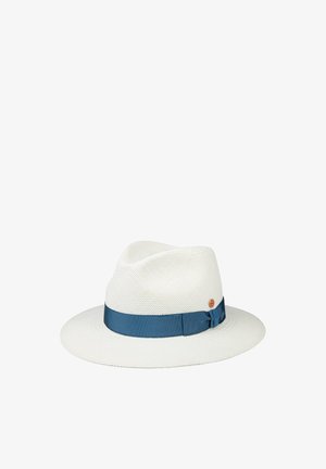 White woven fedora hat with a wide brim and a blue fabric band around the base with a small round emblem.