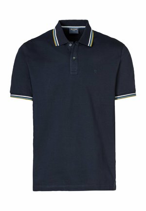 Polo shirt blu navy in cotone con colletto classico, due bottoni e accenti a righe gialli e bianchi sul colletto e sulle maniche.