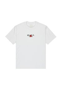 Camiseta de algodón blanca con un logotipo de RVCA en negro y rojo impreso en el frente. Diseño clásico de cuello redondo con mangas cortas.