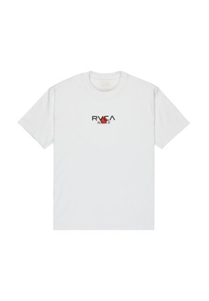 T-shirt bianco in cotone con logo RVCA nero e rosso stampato sul davanti. Design classico con colletto a girocollo e maniche corte.
