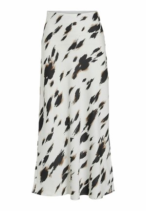 Mittelkurzer Rock aus leichtem Stoff mit einem weißen Hintergrund und kräftigen schwarzen und braunen Sprühmustern. Ausgestellte Silhouette, glatte Textur.