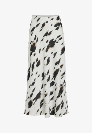 Mittelkurzer Rock aus leichtem Stoff mit einem weißen Hintergrund und kräftigen schwarzen und braunen Sprühmustern. Ausgestellte Silhouette, glatte Textur.