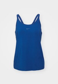 Modrý bezrukávový top s tenkými ramínky, kulatým výstřihem a malým šedým logem Nike na hrudi. Hladký textilní materiál.