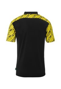 Polo shirt noir à manches courtes avec un motif jaune sur les épaules. Doté d'un col classique et d'une texture douce.