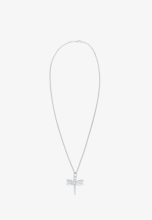 Collana in argento con pendente a forma di libellula, caratterizzato da dettagli intricati e una finitura lucida. La catena presenta una chiusura a moschettone semplice.