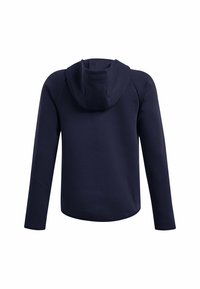 Marineblauwe hoodie met een gestructureerde capuchon, lange mouwen en een zachte textuur. Heeft raglanmouwen en een afgeronde onderkant.
