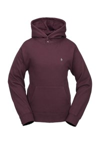 Bordeauxfarbener Pullover-Hoodie aus Baumwollmischung, ausgestattet mit einer großen Fronttasche, gerippten Bündchen und einem kleinen Logo auf der Brust.
