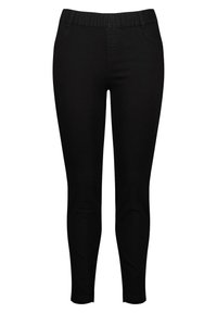 Leggings noirs avec une texture lisse, une taille élastique, des jambes effilées et des poches latérales. Fabriqués en tissu flexible pour le confort.