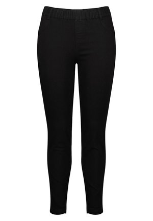 Zwarte leggings met een gladde textuur, elastische tailleband, taps toelopende broekspijpen en zijzakken. Gemaakt van flexibele stof voor comfort.