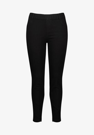 Zwarte leggings met een gladde textuur, elastische tailleband, taps toelopende broekspijpen en zijzakken. Gemaakt van flexibele stof voor comfort.