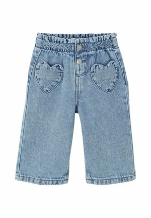 Light blue denim children's shorts with elastic waistband, two metal buttons, and heart-shaped front pockets.