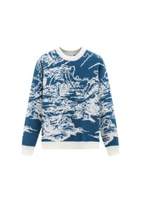 Pull en tricot bleu et blanc avec un motif texturé ressemblant à des vagues, doté d'un col rond et de poignets et d'un ourlet côtelés.