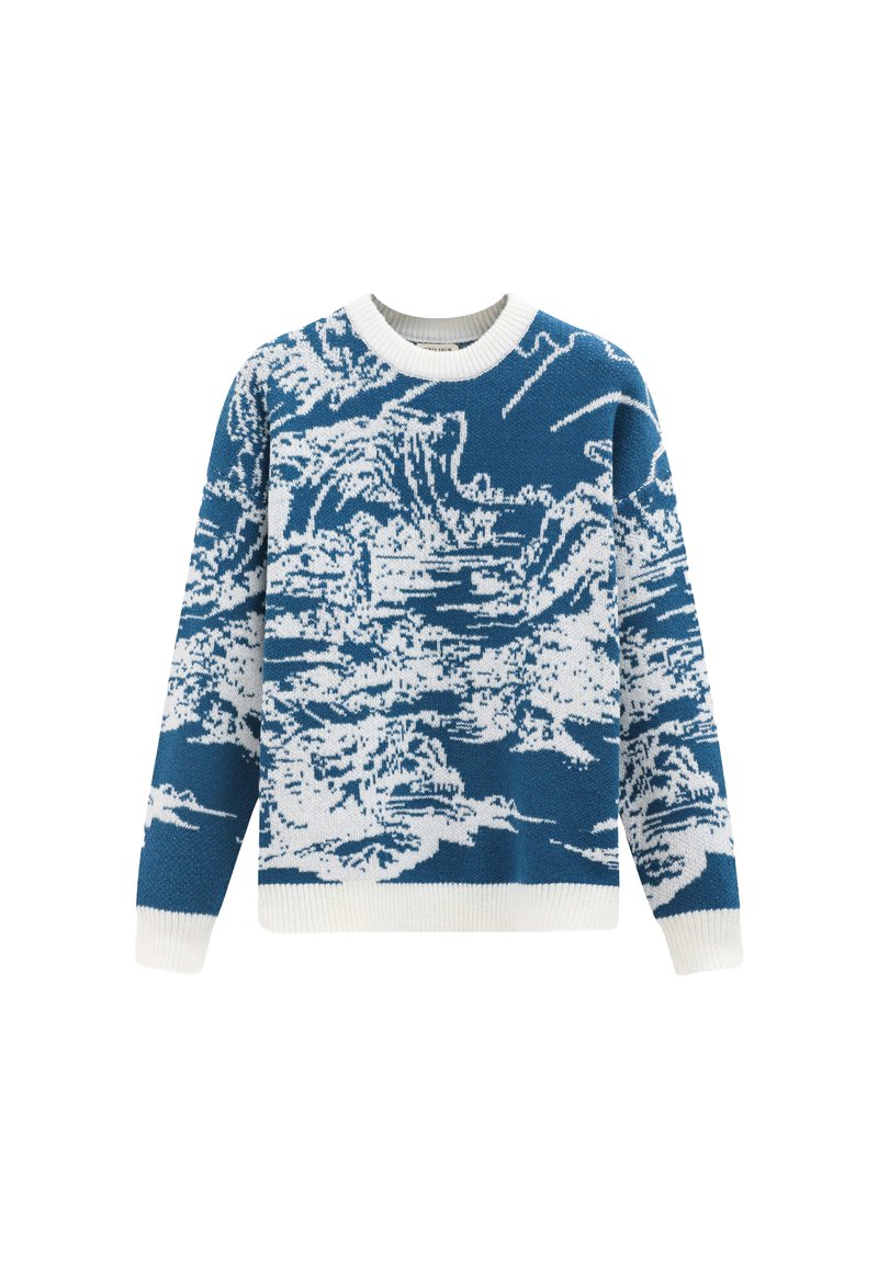 Pull en tricot bleu et blanc avec un motif texturé ressemblant à des vagues, doté d'un col rond et de poignets et d'un ourlet côtelés.