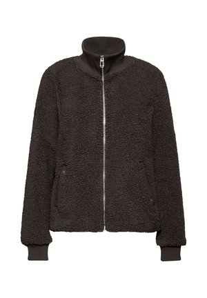 Chaqueta de forro polar negra con un alto cuello, cierre de cremallera completo, bolsillos laterales y puños acanalados. Superficie texturizada de aspecto suave.