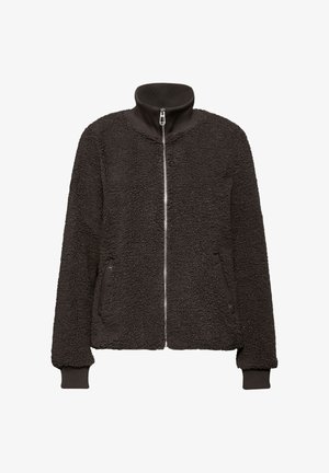 Czarna polarowa kurtka z wysokim kołnierzem, pełnym zapięciem na zamek błyskawiczny, bocznymi kieszeniami i ściągaczami przy mankietach. Teksturowana powierzchnia o miękkim wyglądzie.