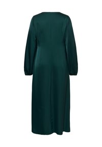Robe midi manches longues vert foncé, coupe droite, poignets légèrement froncés, sans fermetures ni motifs visibles, vue de dos.