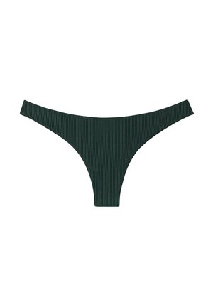 Parte inferior de bikini verde con un corte alto, que presenta una cintura fina y una textura suave. Diseñada para una cobertura mínima.