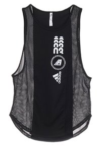 Svart ärmlös sporttopp med meshpaneler, vita logotyper och rundad nederkant för förbättrad luftcirkulation och komfort.