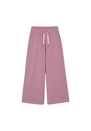 Pantaloni a gamba larga color malva con vita elasticizzata e coulisse bianche, dotati di tasche laterali e piccolo logo sulla coscia destra.