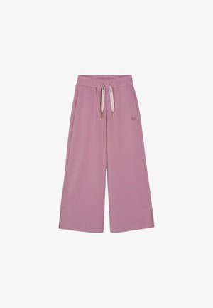 Pantaloni a gamba larga color malva con vita elasticizzata e coulisse bianche, dotati di tasche laterali e piccolo logo sulla coscia destra.