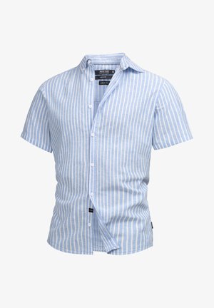Short-sleeve shirt in a blue and white striped linen blend. Features a classic collar and front buttons with a brand label visible on the side.