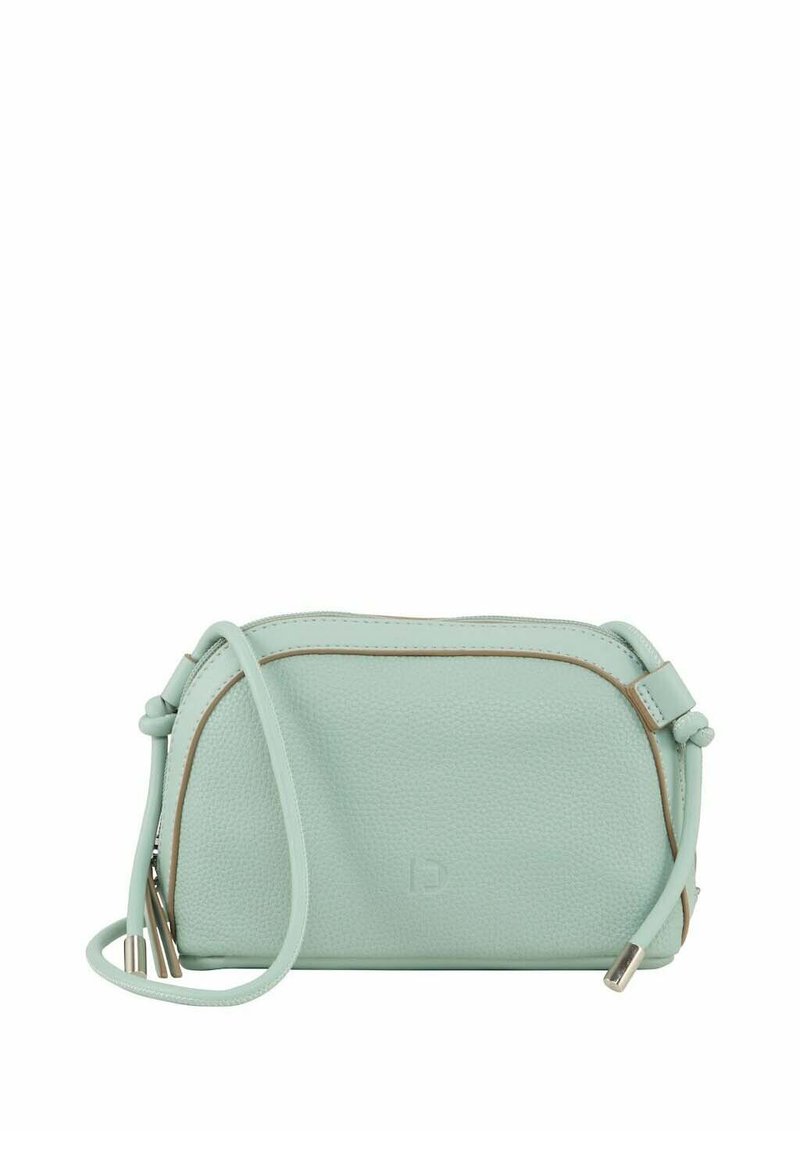 Miętowa skórzana torebka na ramię o teksturowanej powierzchni, zaokrąglonym kształcie, jasnobrązowych akcentach i odpinanym pasku.