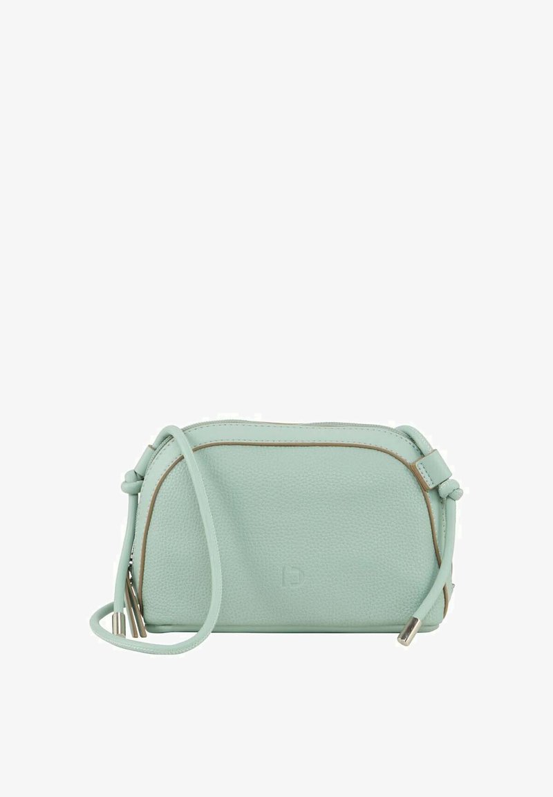 Muntgroene leren crossbody tas met een gestructureerd oppervlak, gebogen ontwerp, lichtbruine accenten, en een afneembare schouderband.