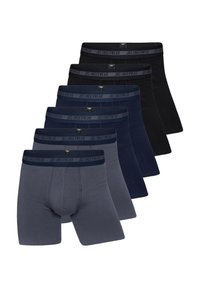Men's boxer briefs set, featuring six pairs in dark colors: black, navy, and gray. Made from soft fabric with elastic branded waistbands.