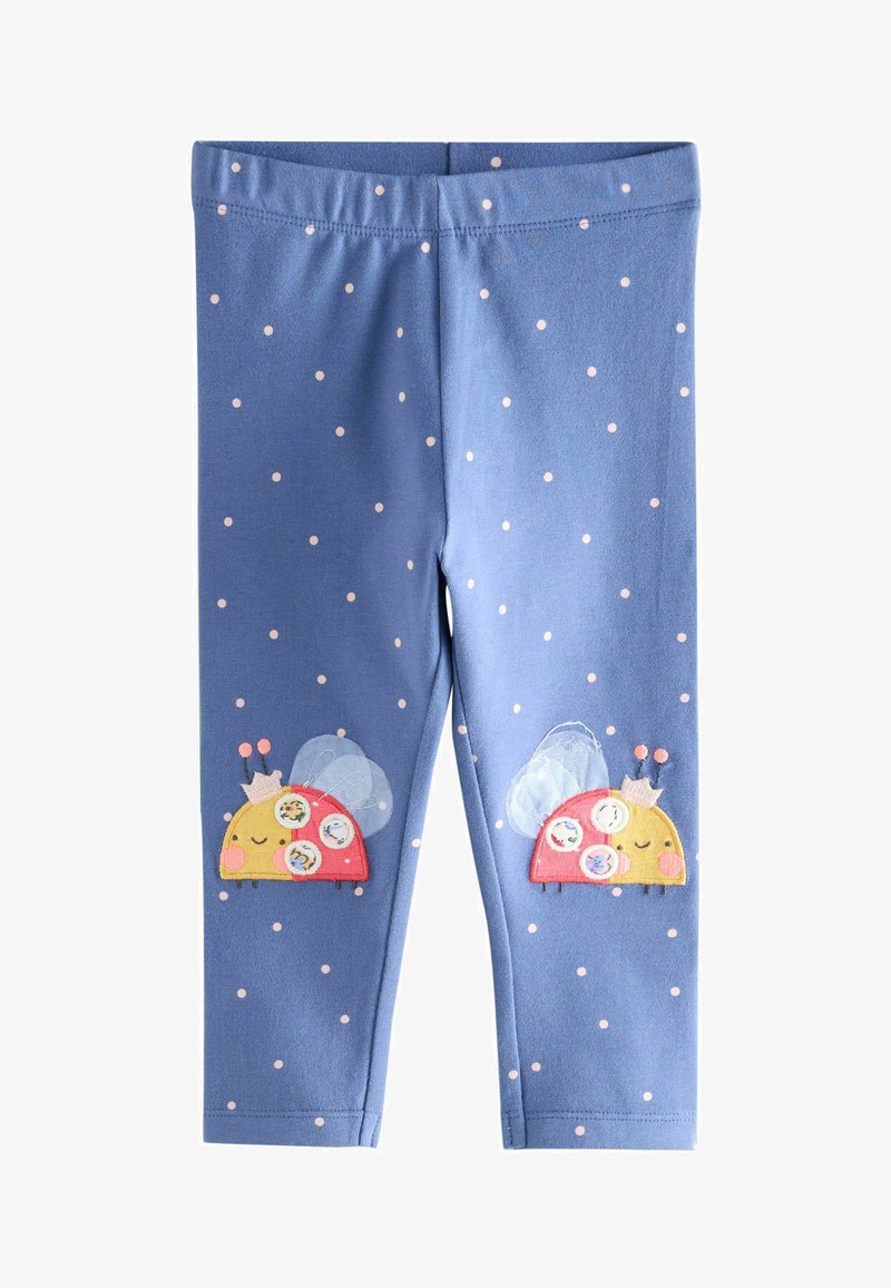 Blaue Leggings mit einem gepunkteten Muster und gestickten Marienkäferdesigns in Pastellfarben. Hergestellt aus dehnbarem Stoff für zusätzlichen Komfort.
