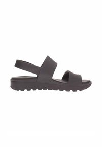 Sandalia negra con punta abierta y dos correas anchas, con un diseño de talón descubierto y suela texturizada para mayor tracción. Fabricada con material sintético.
