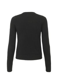 Svart tröja i stickad textil, med långa ärmar, rund halsringning och en kroppsnära silhuett med ribbad fåll.