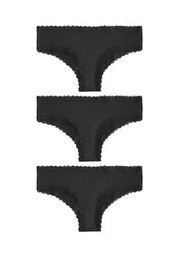 Trois paires de culottes noires bordées de dentelle, avec un tissu doux, une couvrance moyenne, et un délicat bord festonné le long de la taille et des jambes.