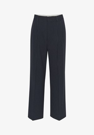 Marinblå byxor med vita vertikala smala ränder, vid bendesign, glatt tyg, bältesöglor och en pressning fram för en skräddarsydd look.