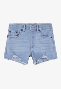 Jasnoniebieskie szorty dżinsowe z efektem postarzania, z postrzępionymi brzegami, pięcioma kieszeniami i metalowymi guzikami.