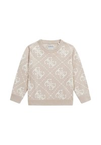 Maglione lavorato a maglia beige con un motivo a diamante e loghi ripetuti in bianco. Il collo e i polsini a coste offrono texture e struttura.