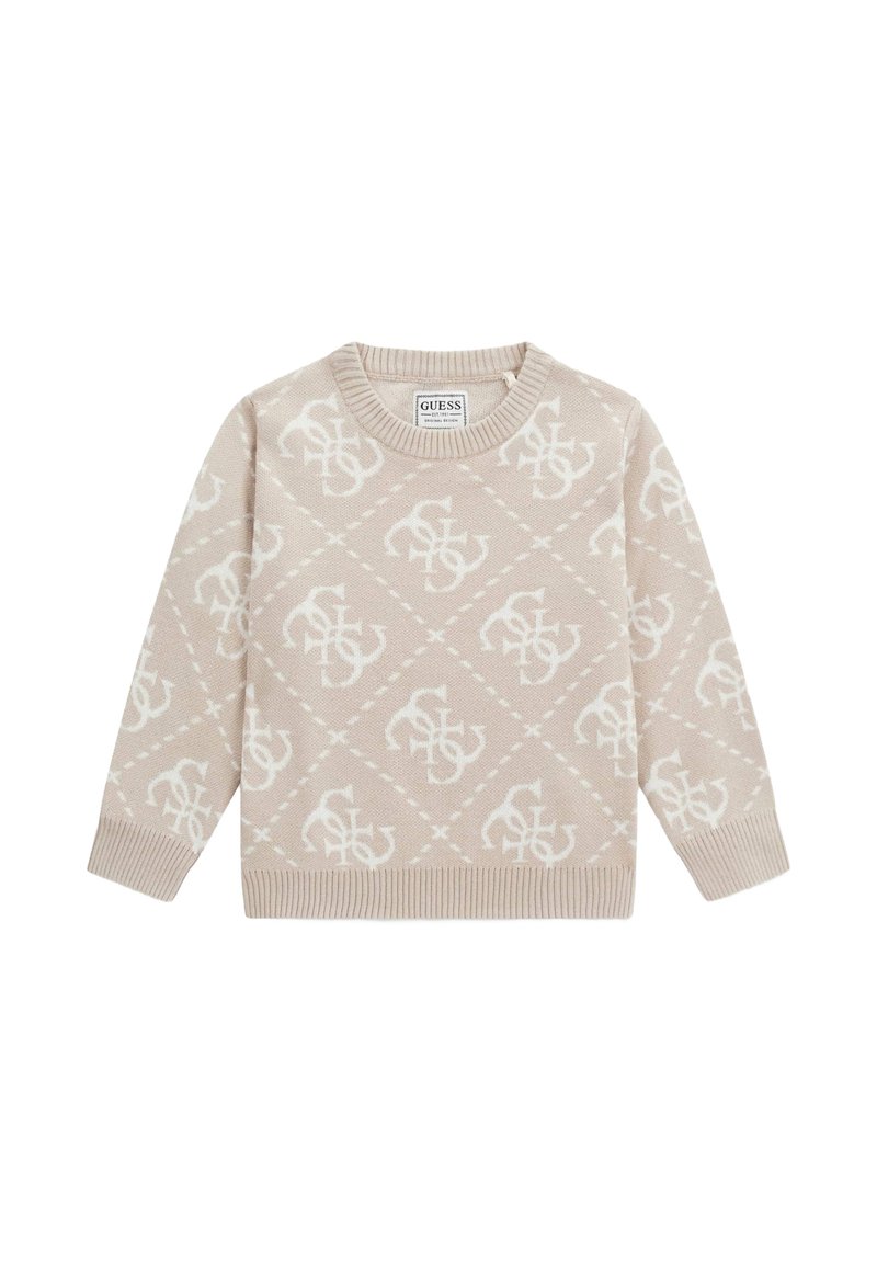Maglione lavorato a maglia beige con un motivo a diamante e loghi ripetuti in bianco. Il collo e i polsini a coste offrono texture e struttura.
