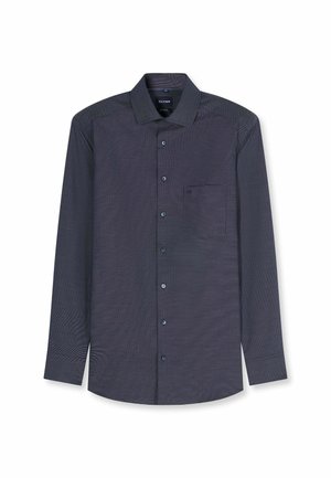 Camicia da uomo blu scuro con bottoni, maniche lunghe, taschino sul petto e colletto classico, mostrata su sfondo bianco.