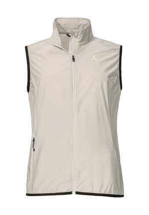 Lightweight, sleeveless vest in pale beige, featuring a high collar, full front zipper, and black accents along armholes and hem.