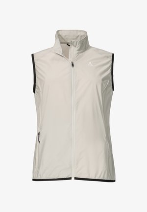 Lightweight, sleeveless vest in pale beige, featuring a high collar, full front zipper, and black accents along armholes and hem.