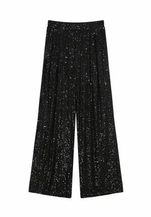 Un pantalon large noir avec un design plissé, présentant une texture en sequins brillants sur l'ensemble. Taille élastique pour plus de confort.