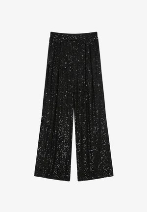 Un pantalon large noir avec un design plissé, présentant une texture en sequins brillants sur l'ensemble. Taille élastique pour plus de confort.