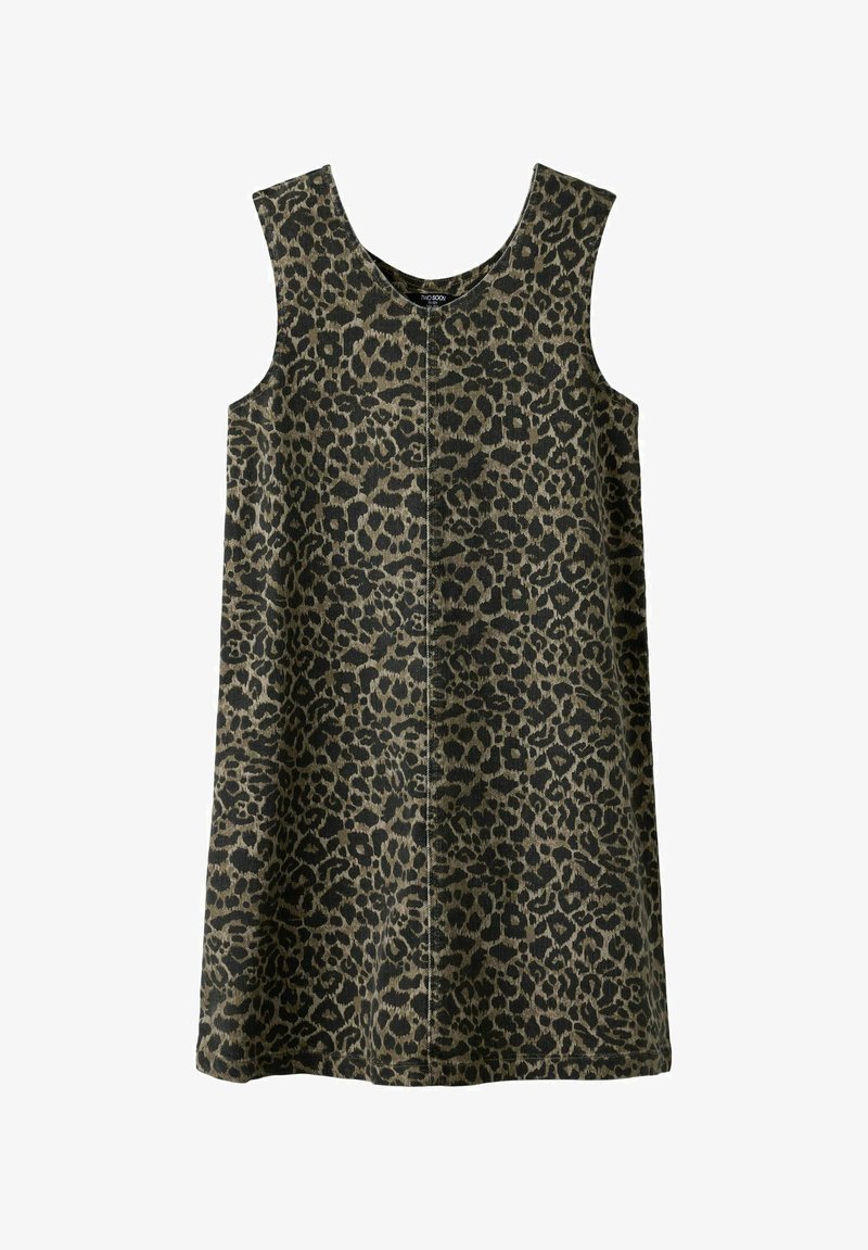 Rihmata kleit leopardimustriga tumeroheline ja beež; omab ümmargust kaelus ja sirget lõike.