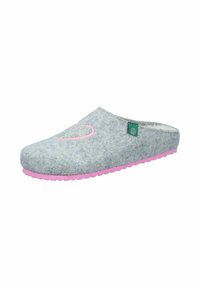 Gray felt slipper with a pink rubber sole. Features a pink embroidered design on the upper and a green tag on the side. Soft and slip-on style.