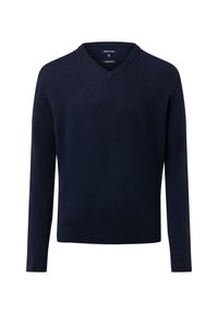 Marineblaues Langarm-V-Neck-Pullover mit gerippten Bündchen und Saum, aus weichem Cashmere-ähnlichem Stoff.