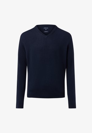 Navy blauwe V-hals trui met lange mouwen en geribde manchetten en zoom, vervaardigd uit een zachte stof met cashmere-gevoel.