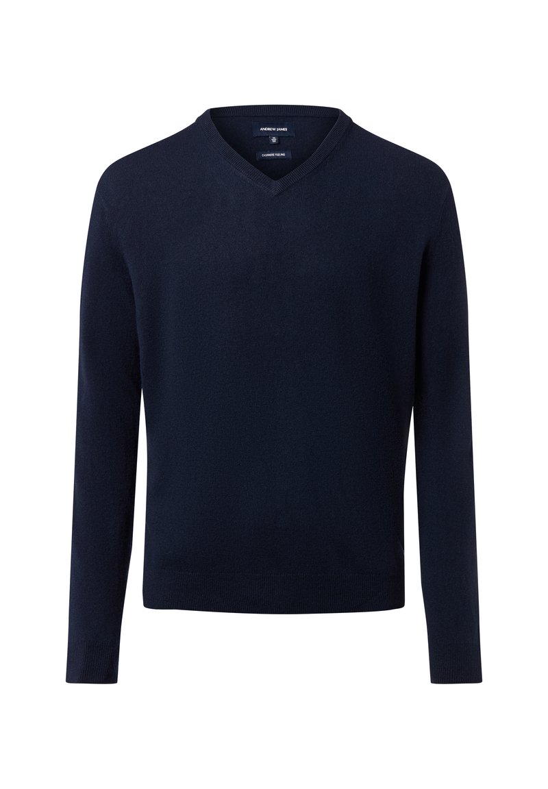 Marineblaues Langarm-V-Neck-Pullover mit gerippten Bündchen und Saum, aus weichem Cashmere-ähnlichem Stoff.