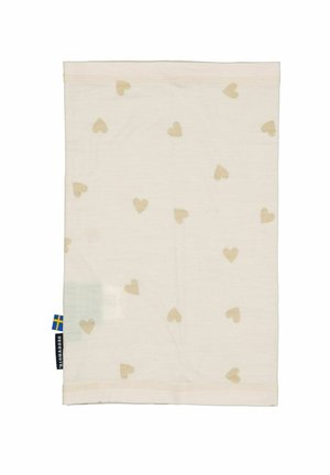 Beige kangas yenye muundo wa kurudiwa wa nyoyo ndogo, za kahawia nyepesi. Nguvu za kumalizia zikiwa na lebo ya upande inaonyesha bendera ya buluu na njano.